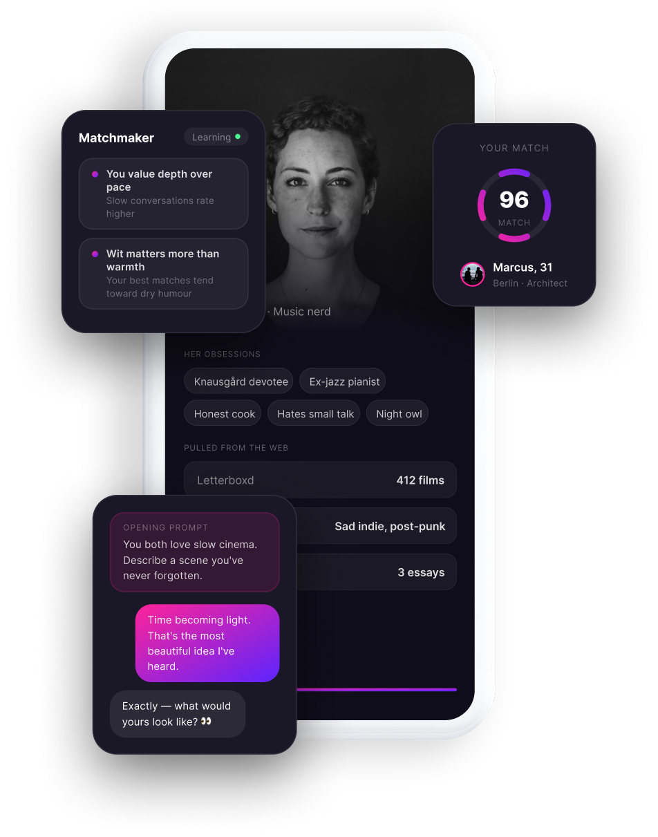 Mesh profile preview with matchmaker insights and conversation prompts