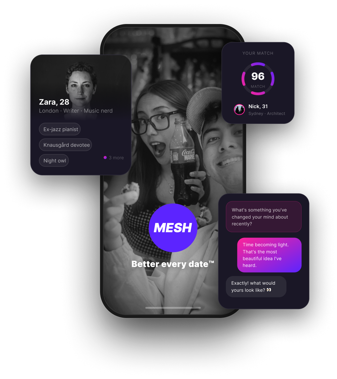 Mesh profile preview with matchmaker insights and conversation prompts